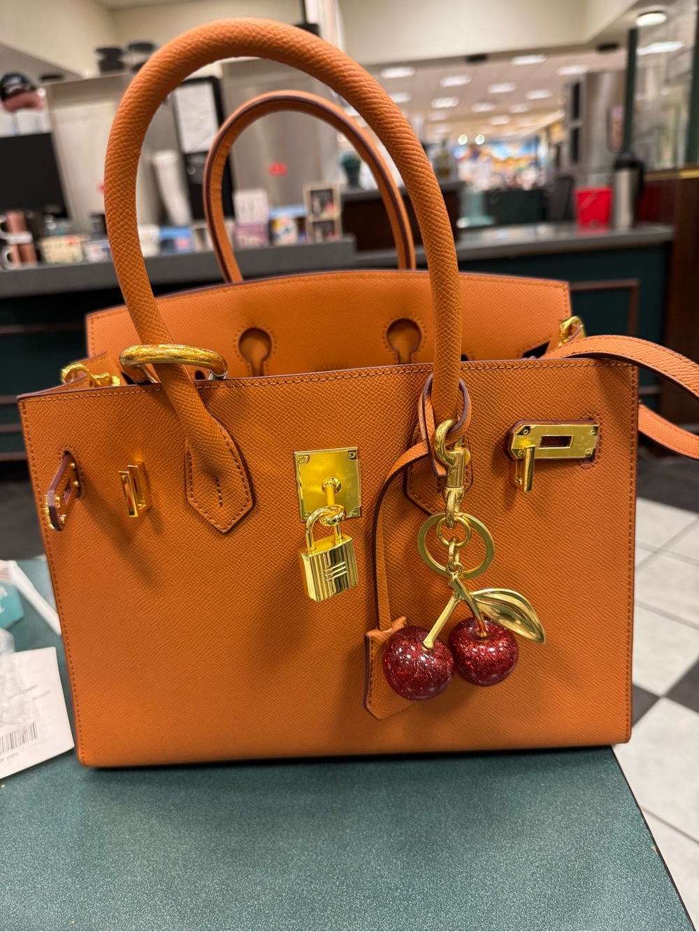 Orange Structured Leather Tote Handbag with Cherry Charm